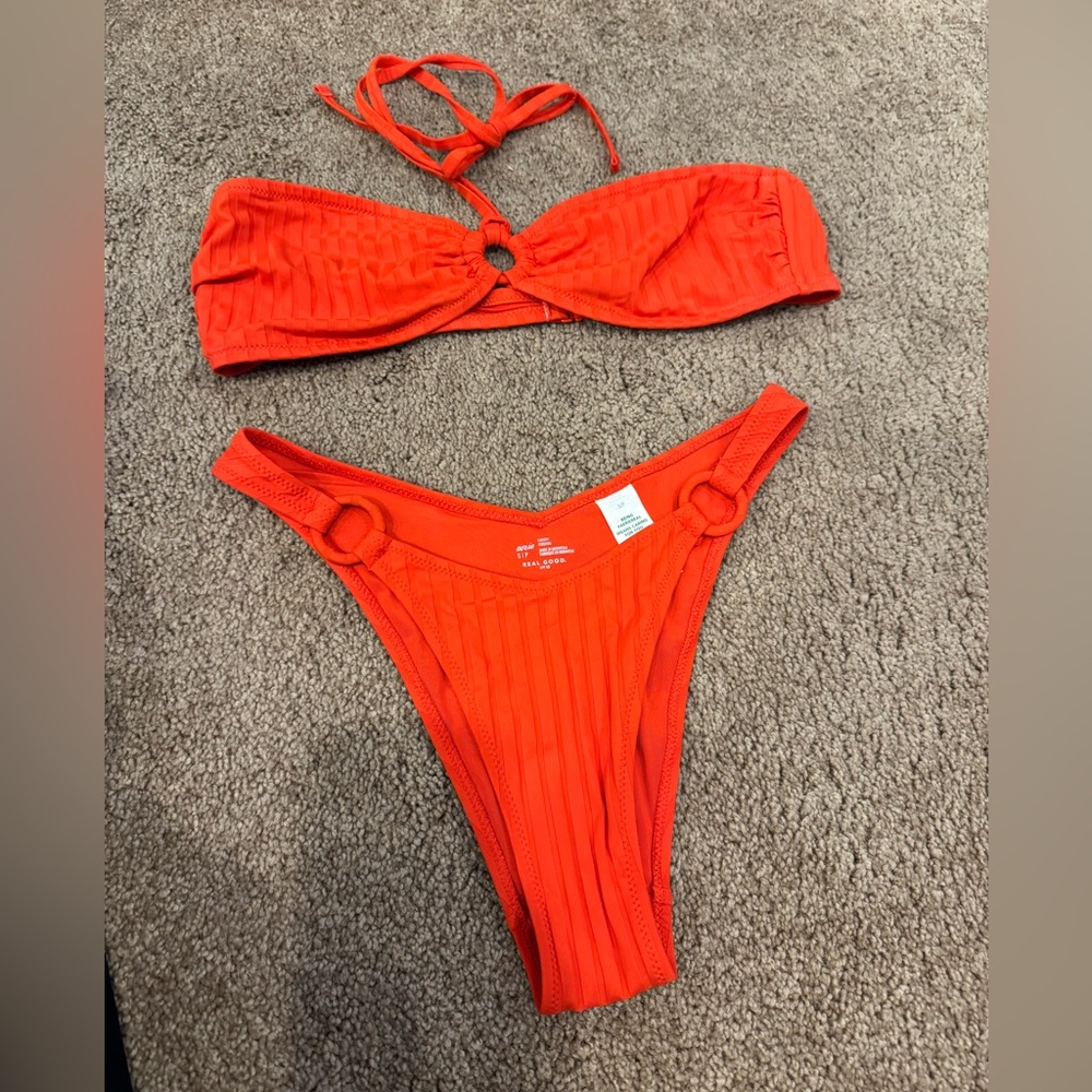 aerie Orange Ribbed Ring-Detail Bikini Set